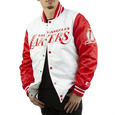 Los Angeles Lakers Full-Snap Varsity White and Red Satin Men's Bomber Jacket