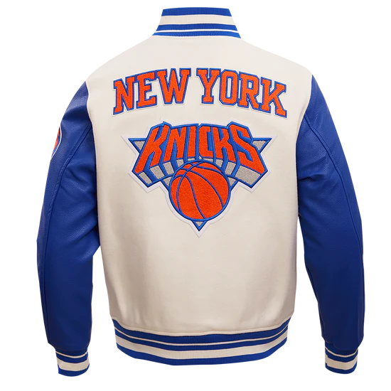 New York Knicks Varsity White Wool & Royal Blue Genuine Leather Sleeves Men's Letterman Jacket