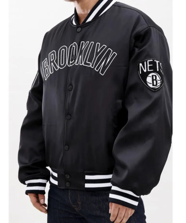 Brooklyn Nets Full-Snap Varsity Black Satin Men's Bomber Jacket