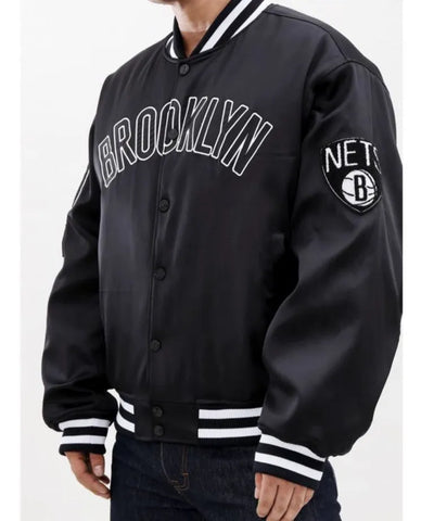 Brooklyn Nets Full-Snap Varsity Black Satin Men's Bomber Jacket