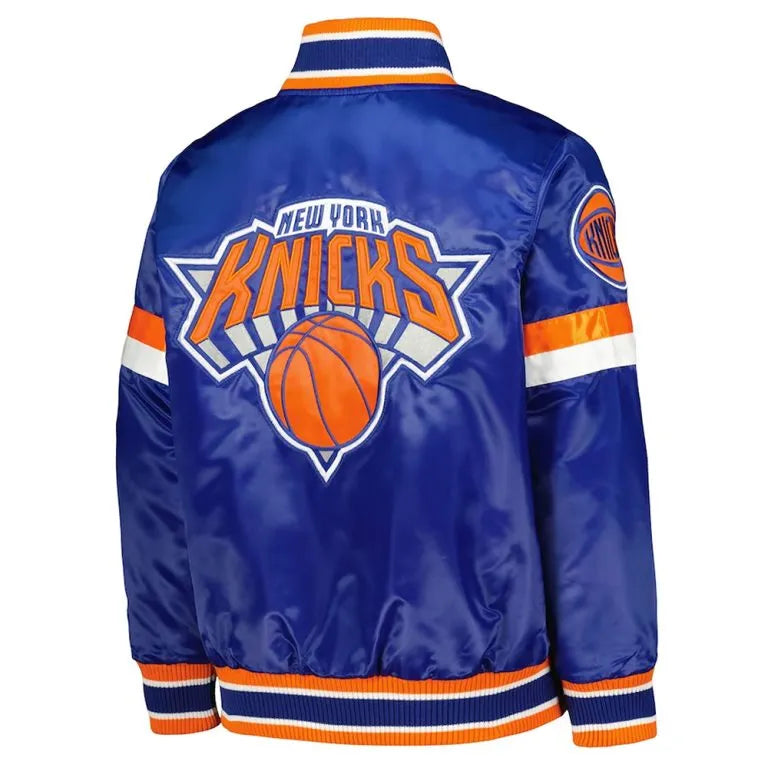 New York Knick Home Game Full-Snap Varsity Blue Satin Men's Bomber Jacket