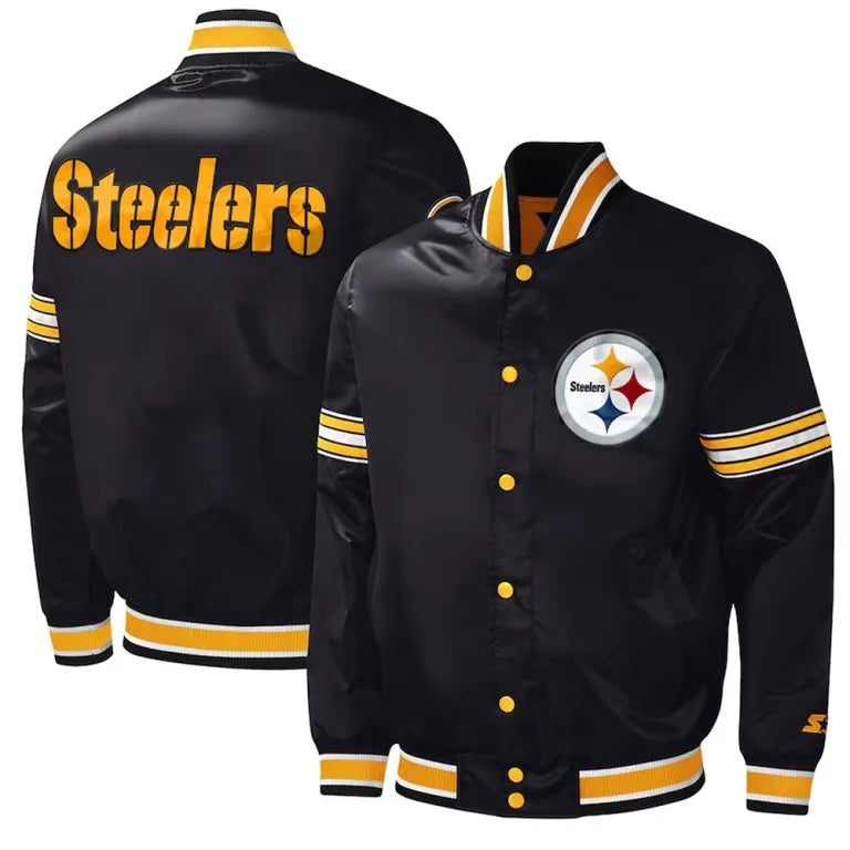 Pittsburgh Steelers Midfield Full-Snap Varsity Black Satin Men's Bomber Jacket