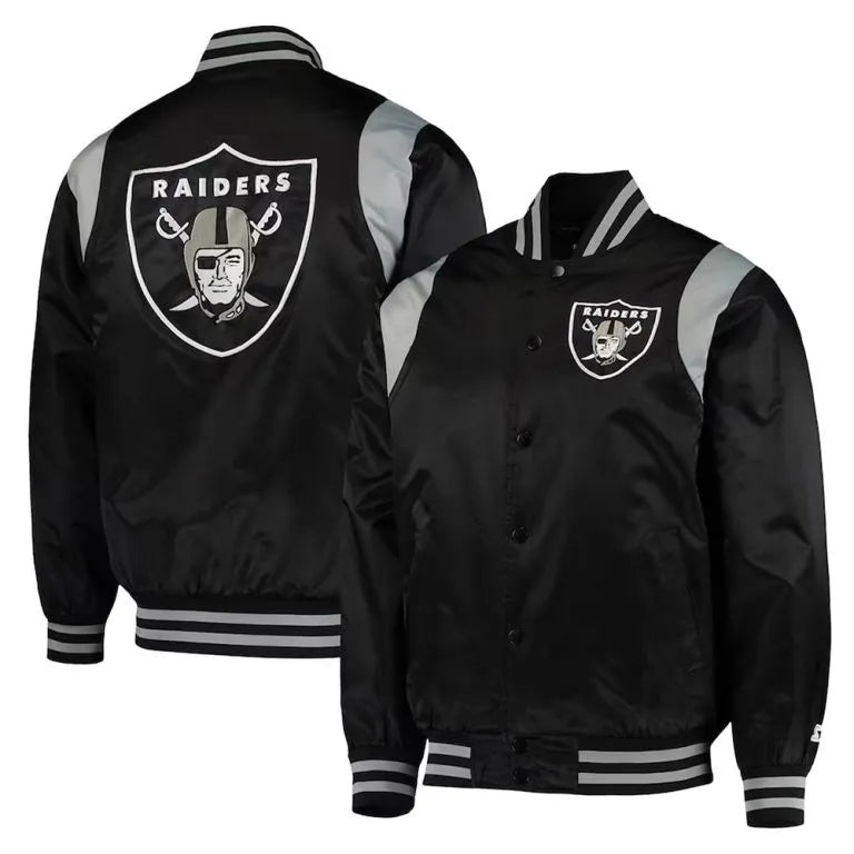 Los Angeles Raiders Prime Time Full-Snap Varsity Black/Silver Satin Men's Bomber Jacket