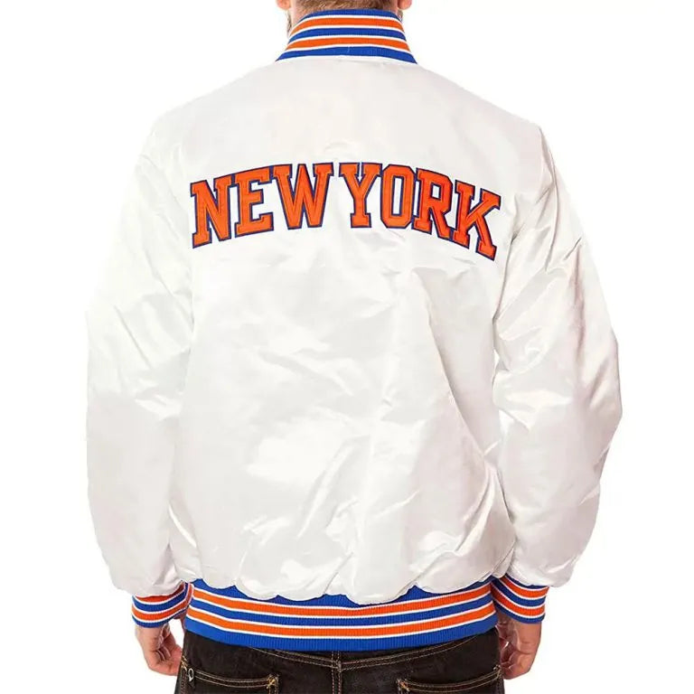 New York Knick Full-Snap Varsity White Satin Men's Bomber Jacket