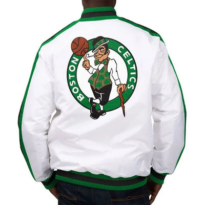 Boston Celtics The D-Line Full-Snap Varsity White Satin Men's Bomber Jacket