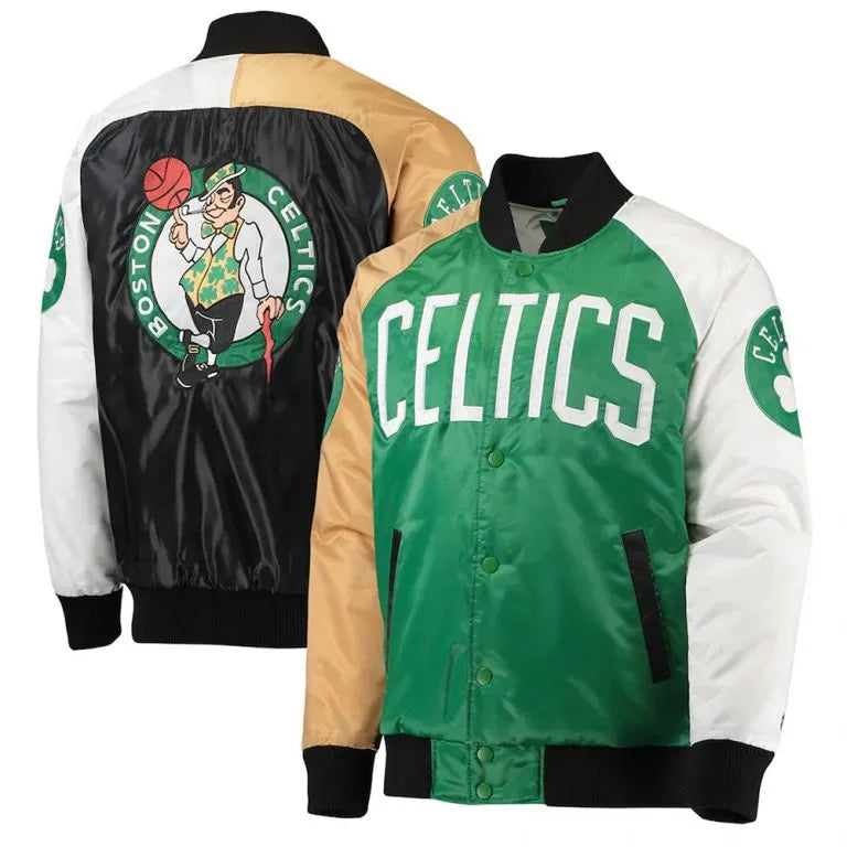 Boston Celtics Remix Full-Snap Varsity Multicolor Green/Gold/White/Black Satin Men's Bomber Jacket