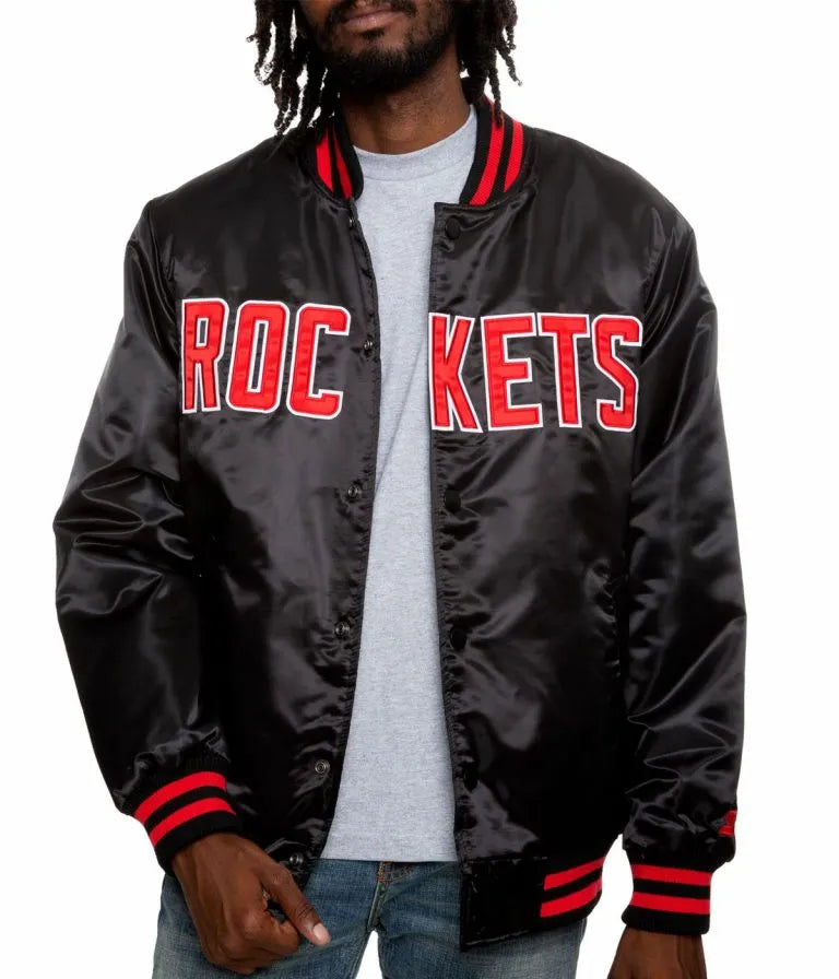 Houston Rockets Full-Snap Varsity Black Satin Men's Bomber Jacket