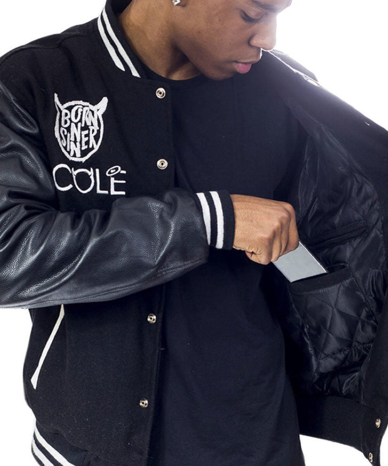 Men’s Born Sinner Dreamville Dollar And a Dream Navy Blue Wool & Leather Letterman Varsity Jacket