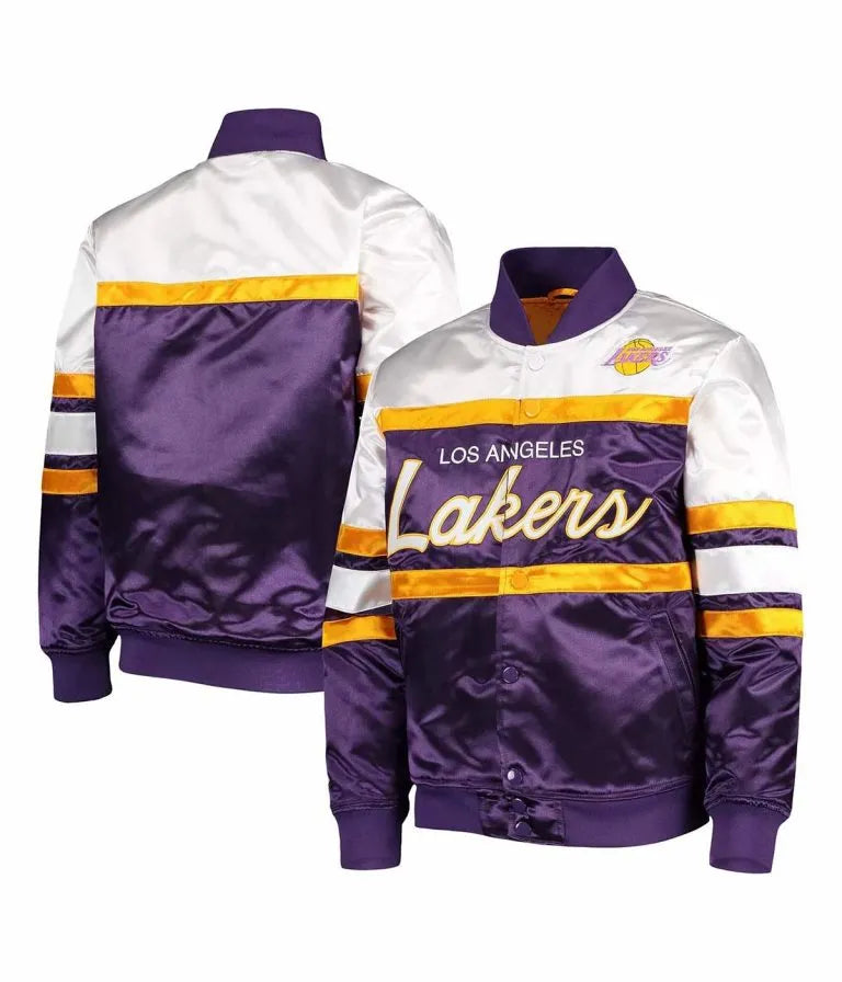 Los Angeles Lakers Hardwood Classics Full-Snap Varsity Purple/White Satin Men's Bomber Jacket