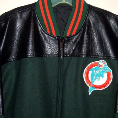 90’s Miami Dolphins Green Throwback Wool and Black Genuine Leather Sleeves Men's Varsity Letterman Jacket