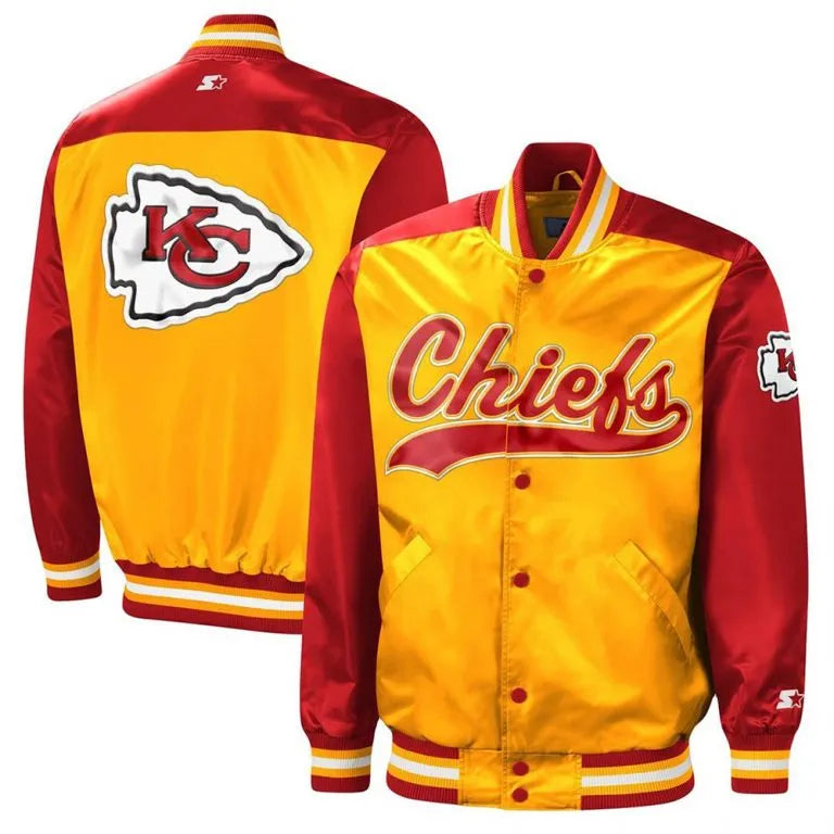 Kansas City Chiefs Tradition Full-Snap Varsity Red and Gold Satin Men's Bomber Jacket