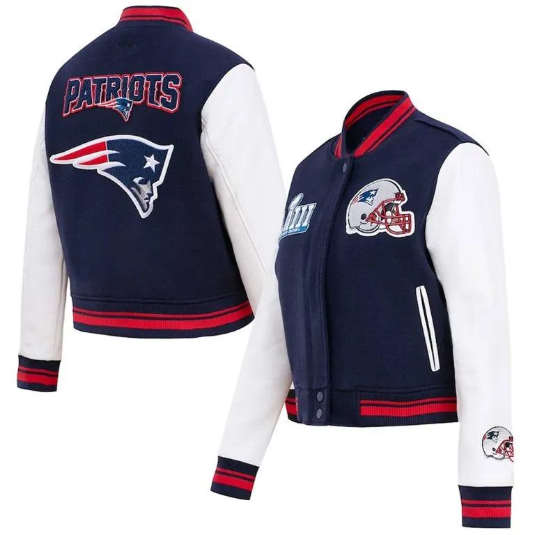 New England Patriots Mash Up Navy Blue Wool & White Genuine Leather Sleeves Men's Varsity Letterman Jacket