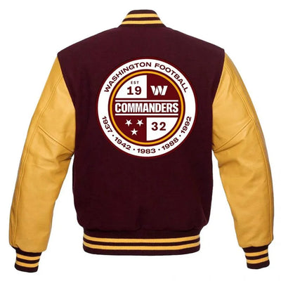 Washington Commanders Brown Wool & Yellow Genuine Leather Sleeves Men's Varsity Letterman Jacket