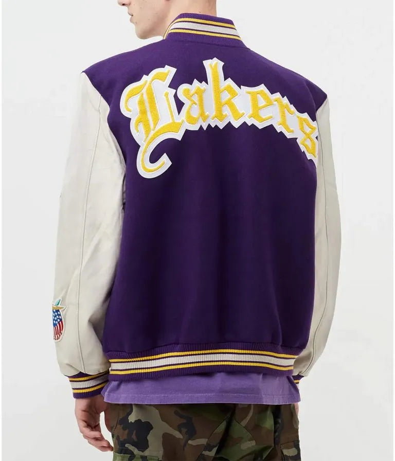 Los Angeles Lakers Varsity Purple Wool & White Genuine Leather Sleeves Men's Bomber Jacket