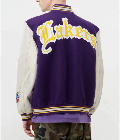 Los Angeles Lakers Varsity Purple Wool & White Genuine Leather Sleeves Men's Bomber Jacket