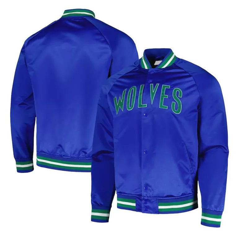 Minnesota Timberwolves Throwback Wordmark Full-Snap Varsity Blue Satin Men's Bomber Jacket