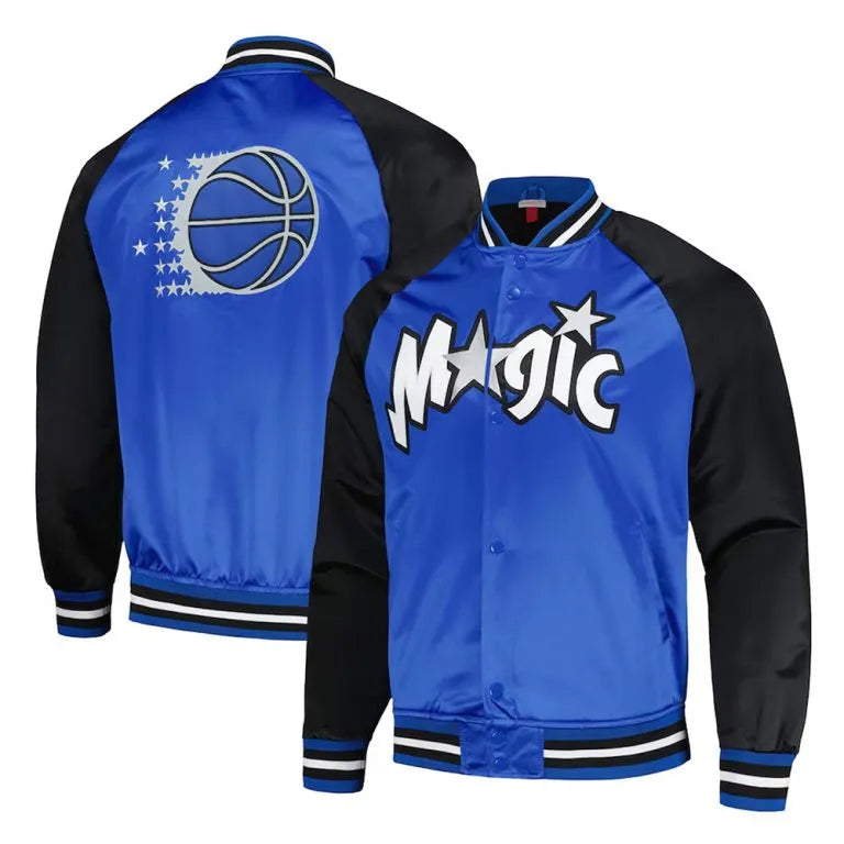 Orlando Magic Double Clutch Full-Snap Varsity Black and Blue Satin Men's Bomber Jacket