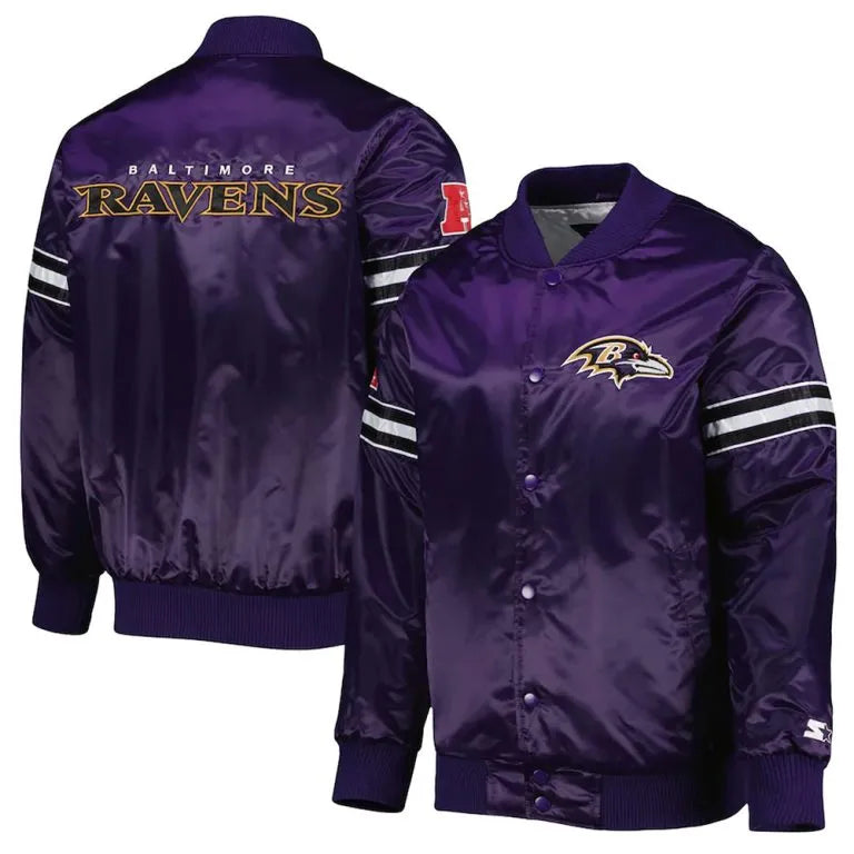 Baltimore Ravens The Pick and Roll Full-Snap Varsity Purple Satin Men's Bomber Jacket