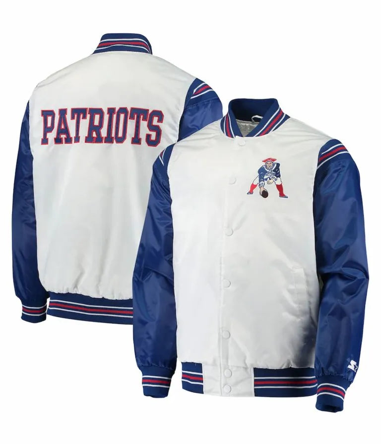 New England Patriots Renegade Full-Snap Varsity White and Blue Satin Men's Bomber Jacket