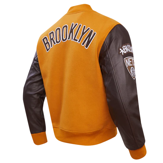 Brooklyn Nets NBA Orange Wool & Brown Genuine Leather Sleeves Men's Varsity Letterman Jacket