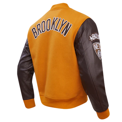 Brooklyn Nets NBA Orange Wool & Brown Genuine Leather Sleeves Men's Varsity Letterman Jacket