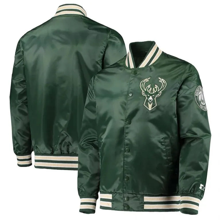 Milwaukee Bucks The Diamond Hunter Full-Snap Varsity Green Satin Men's Bomber Jacket