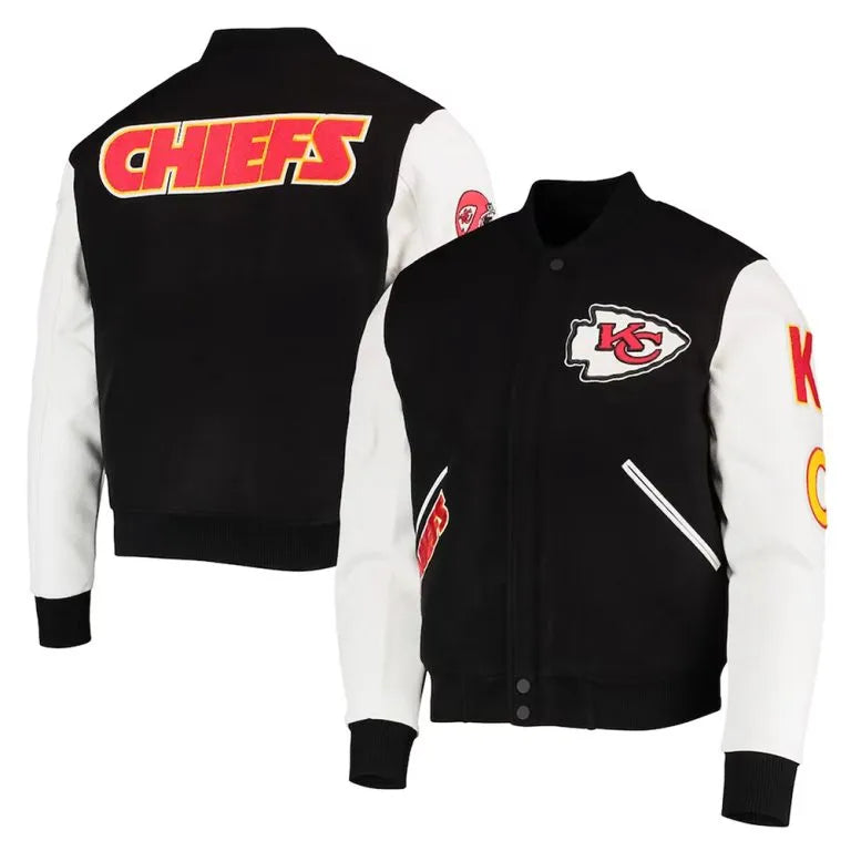 Kansas City Chiefs Black Wool and White Genuine Leather Sleeves Men's Varsity Letterman Jacket