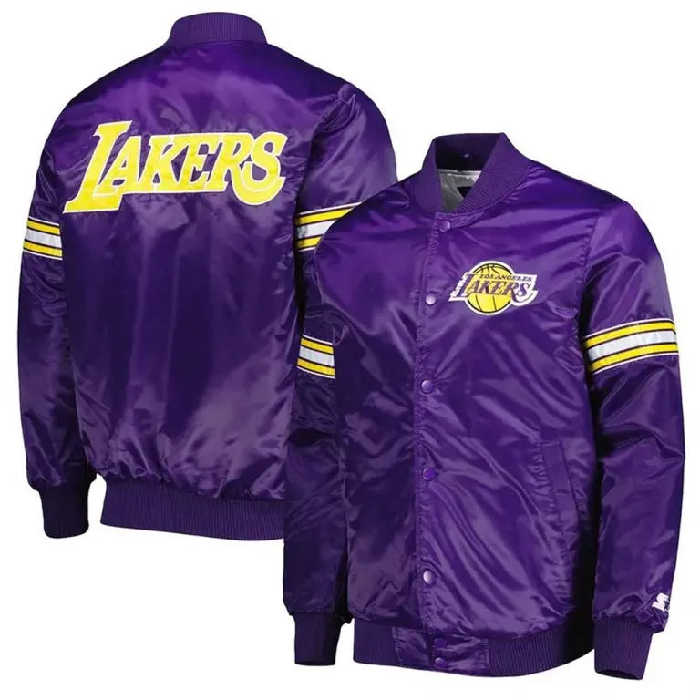 Los Angeles Lakers Pick & Roll Full-Snap Varsity Purple Satin Men's Bomber Jacket