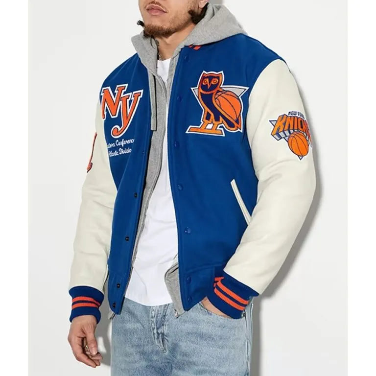 OVO New York Knicks Varsity Blue Wool & White Genuine Leather Sleeves Men's Letterman Jacket