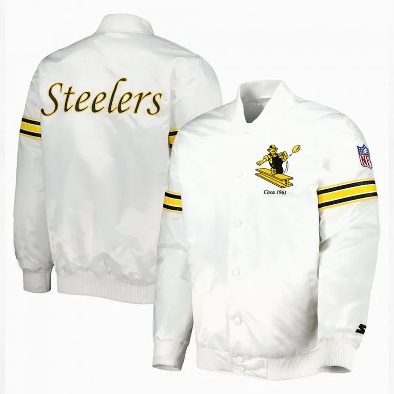 Pittsburgh Steelers The Power Forward Full-Snap Varsity White Satin Men's Bomber Jacket