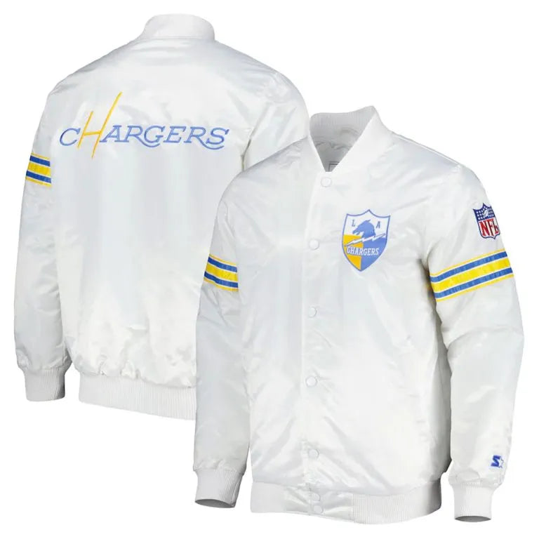 Los Angeles Chargers Full-Snap Varsity White Satin Men's Bomber Jacket