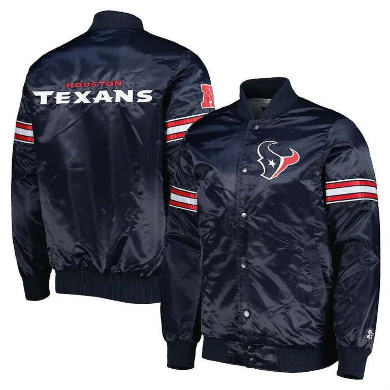 Houston Texan The Pick and Roll Full-Snap Varsity Navy Blue Satin Men's Bomber Jacket