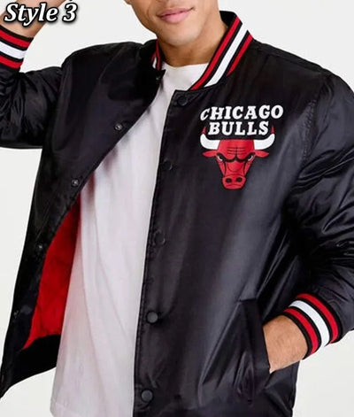 Chicago Bulls Full-Snap Varsity Black Satin Men's Bomber Jacket