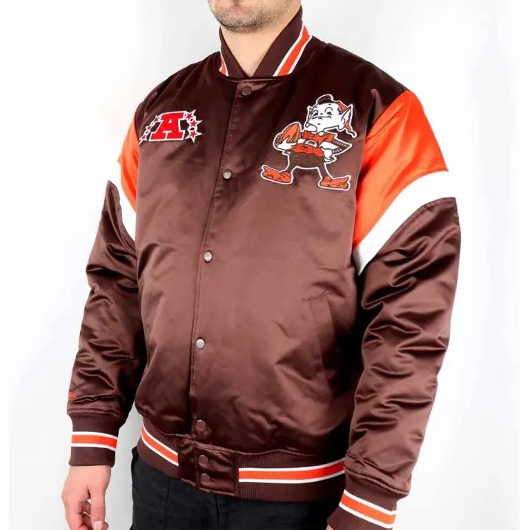 Cleveland Browns Heavyweight Full-Snap Varsity Brown Satin Men's Bomber Jacket