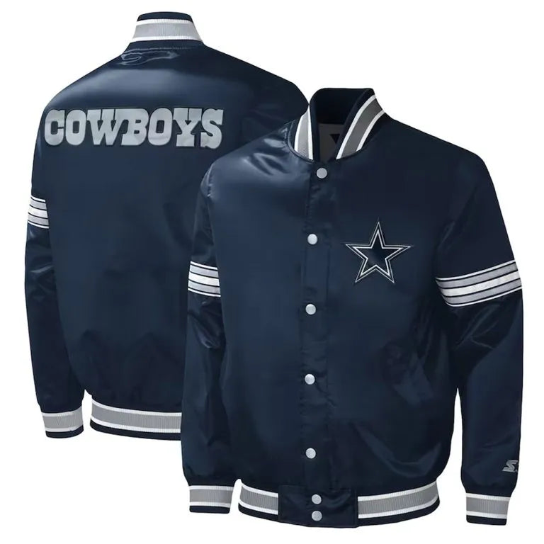 Dallas Cowboys Midfield Full-Snap Varsity Navy Blue Satin Men's Bomber Jacket