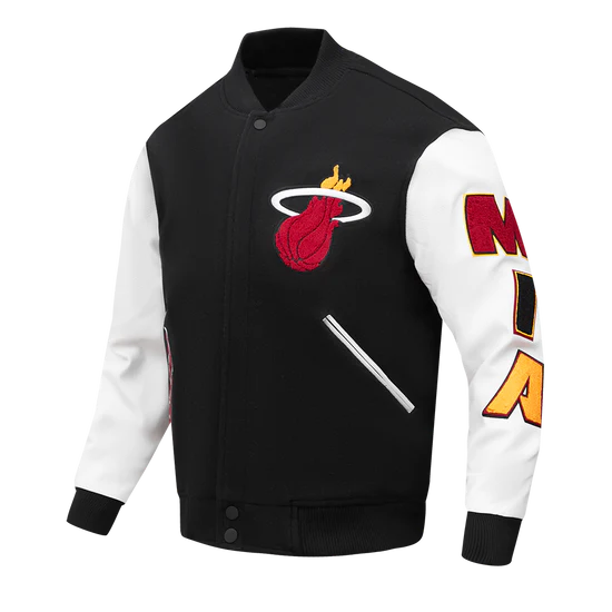 Miami Heat Mashup Logo Varsity Black Wool & White Genuine Leather Sleeves Men's Jacket