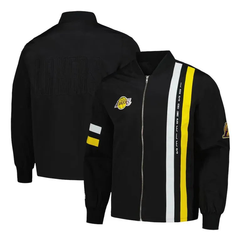 Los Angeles Lakers Stitch Applique Full-Zip Varsity Black Cotton Men's Bomber Jacket