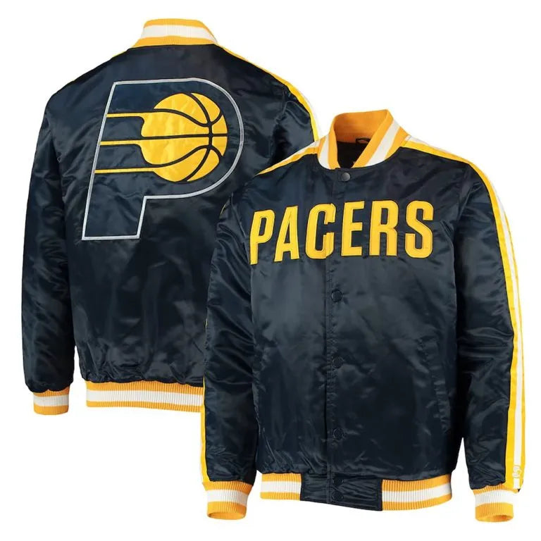 Indiana Pacers The Offensive Full-Snap Varsity Navy Blue Satin Men's Bomber Jacket