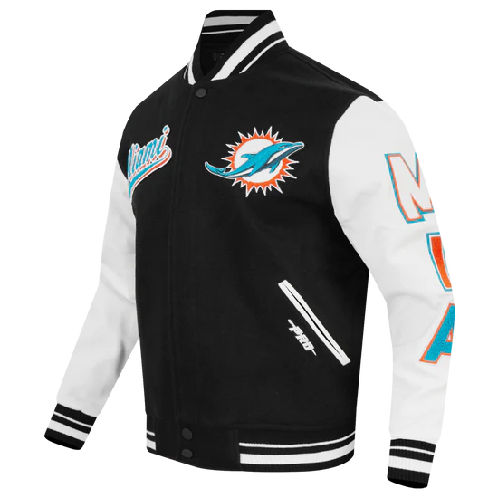 Miami Dolphins Script Tail Black Wool and White Genuine Leather Sleeves Men's Varsity Letterman Jacket