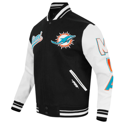Miami Dolphins Script Tail Black Wool and White Genuine Leather Sleeves Men's Varsity Letterman Jacket