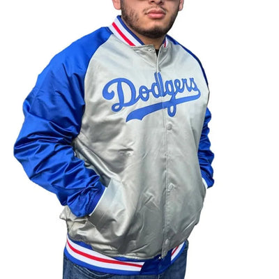 LA Dodgers Vintage Logo Double Clutch Lightweight Gray Satin Men's Jacket
