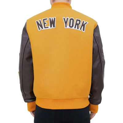 New York Yankees Logo Blended Varsity Gold Wool & Black Leather Men's Jacket