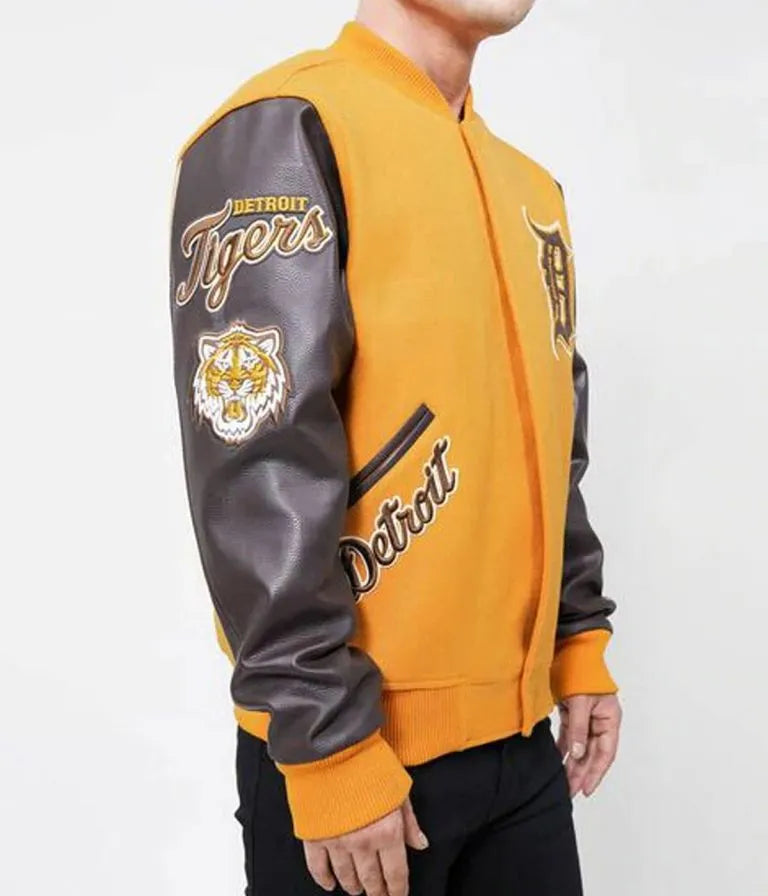 Detroit Tigers Yellow Wool & Black Leather Sleeves Varsity Men's Jacket