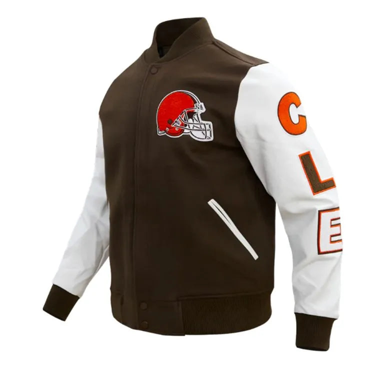 Cleveland Browns Classic Brown Wool & White Genuine Leather Sleeves Men's Varsity Jacket