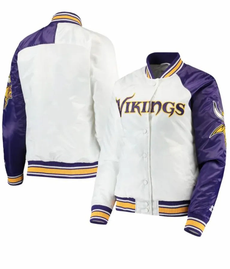 Minnesota Vikings Full-Snap Varsity White and Purple Satin Men's Bomber Jacket