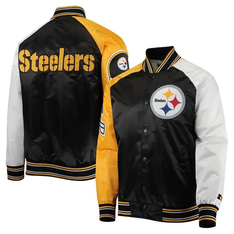 Pittsburgh Steelers The Reliever Full-Snap Varsity Tri Color Satin Men's Bomber Jacket
