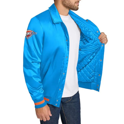 Oklahoma City Thunder Stitch Applique Full-Snap Varsity Blue Satin Men's Bomber Jacket