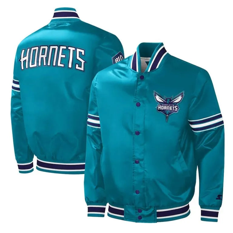 Charlotte Hornets Slider Full-Snap Varsity Teal Satin Men's Bomber Jacket