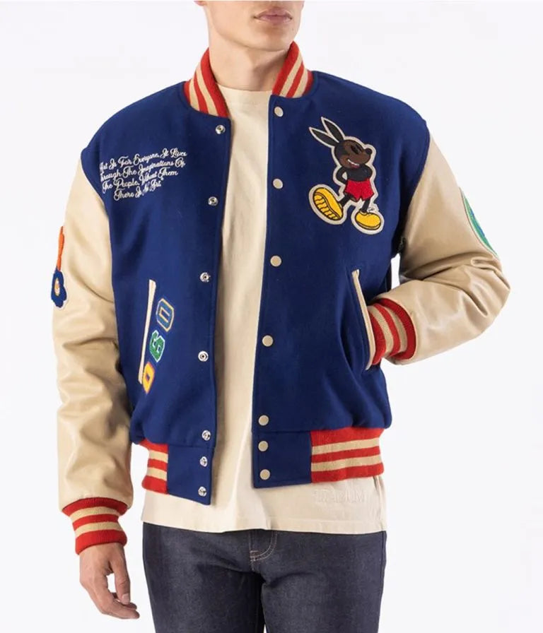 Mickey Mouse Ozzy Rello Blue Wool & Beige Genuine Leather Sleeves Men's Letterman Varsity Jacket