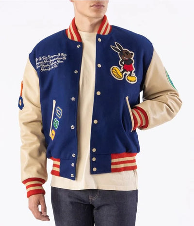 Mickey Mouse Ozzy Rello Blue Wool & Beige Genuine Leather Sleeves Men's Letterman Varsity Jacket